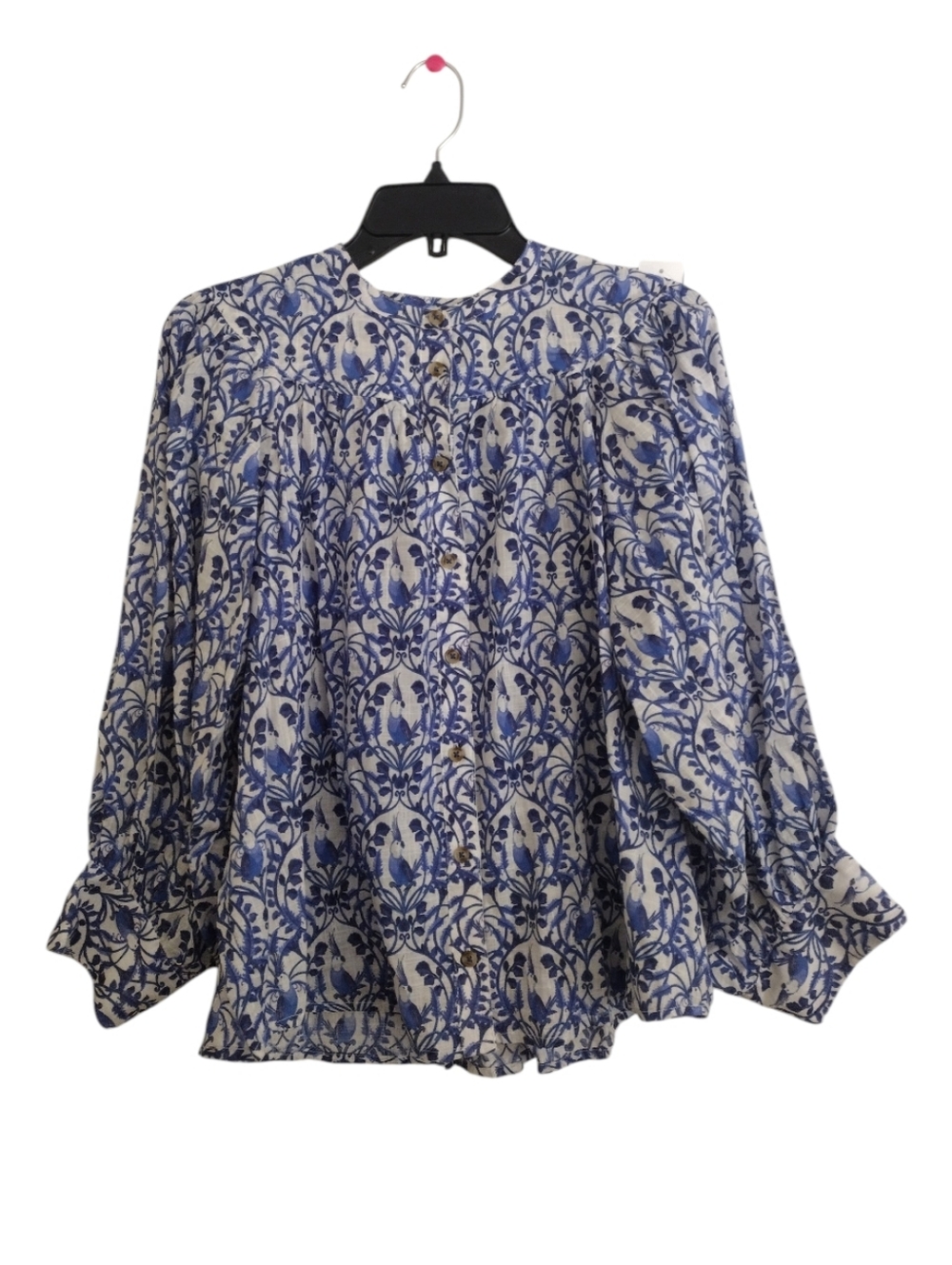 Maeve By Anthropologie Blue White Floral Parrot Print Button Up Top Size Medium